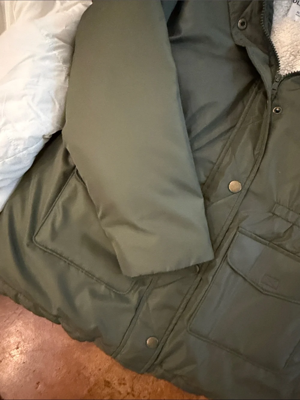 Kids Hooded Winter Parka Coat - Olive Green and cream puffer